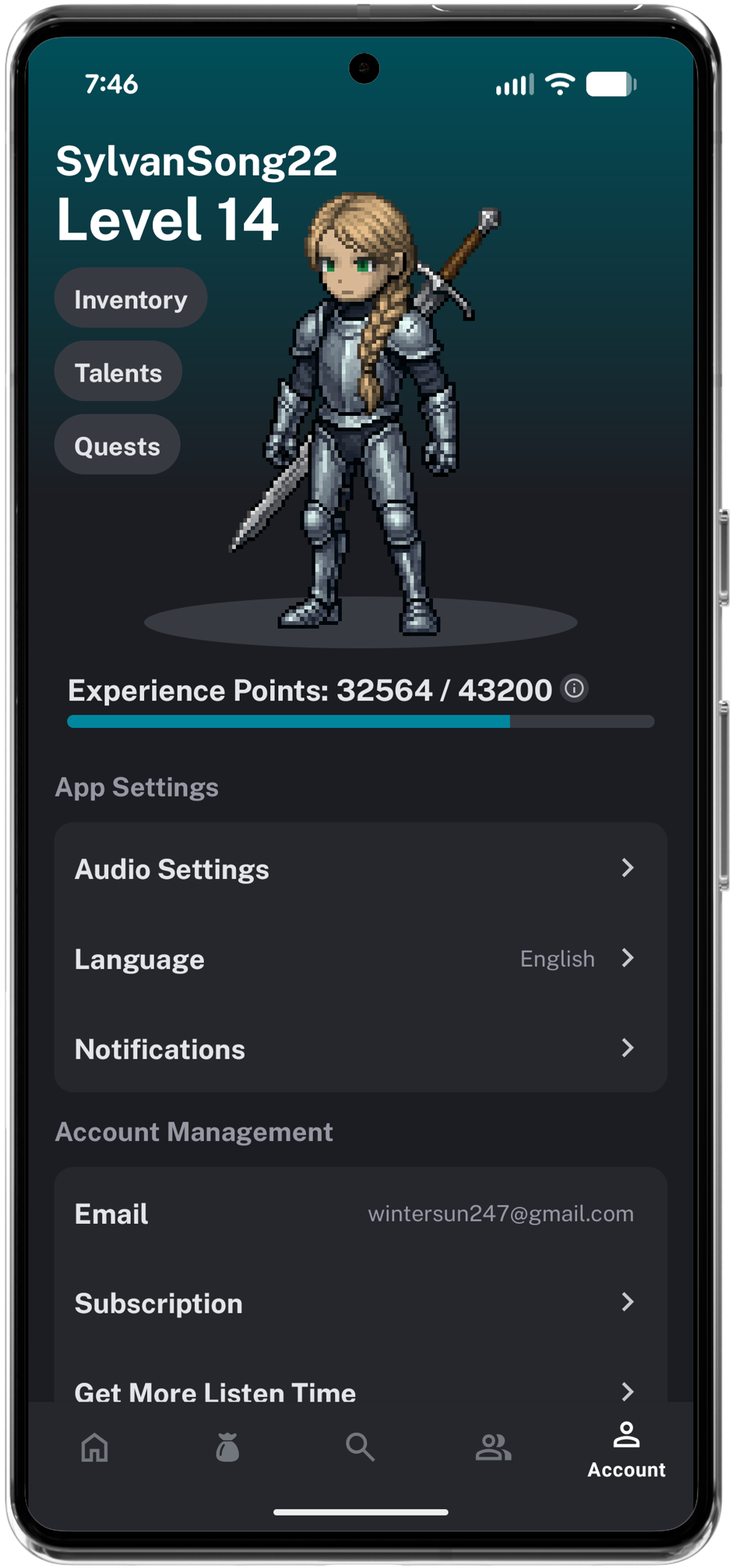 Voxtome account screen showing a level 7 character and an experience bar