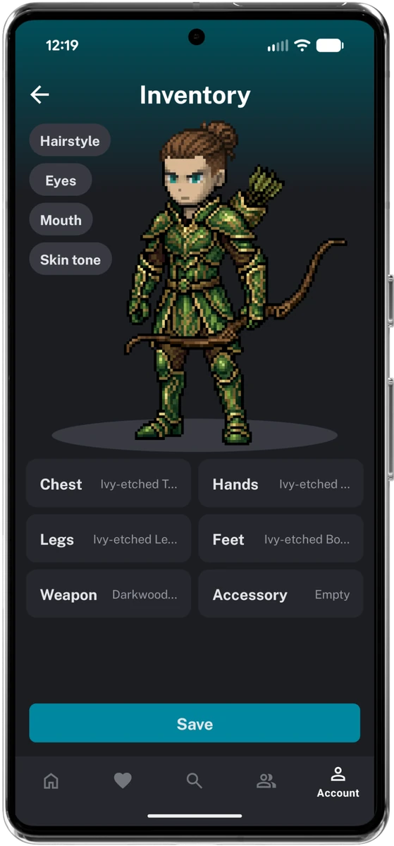 Voxtome inventory screen with equippable gear and a pixel-art character